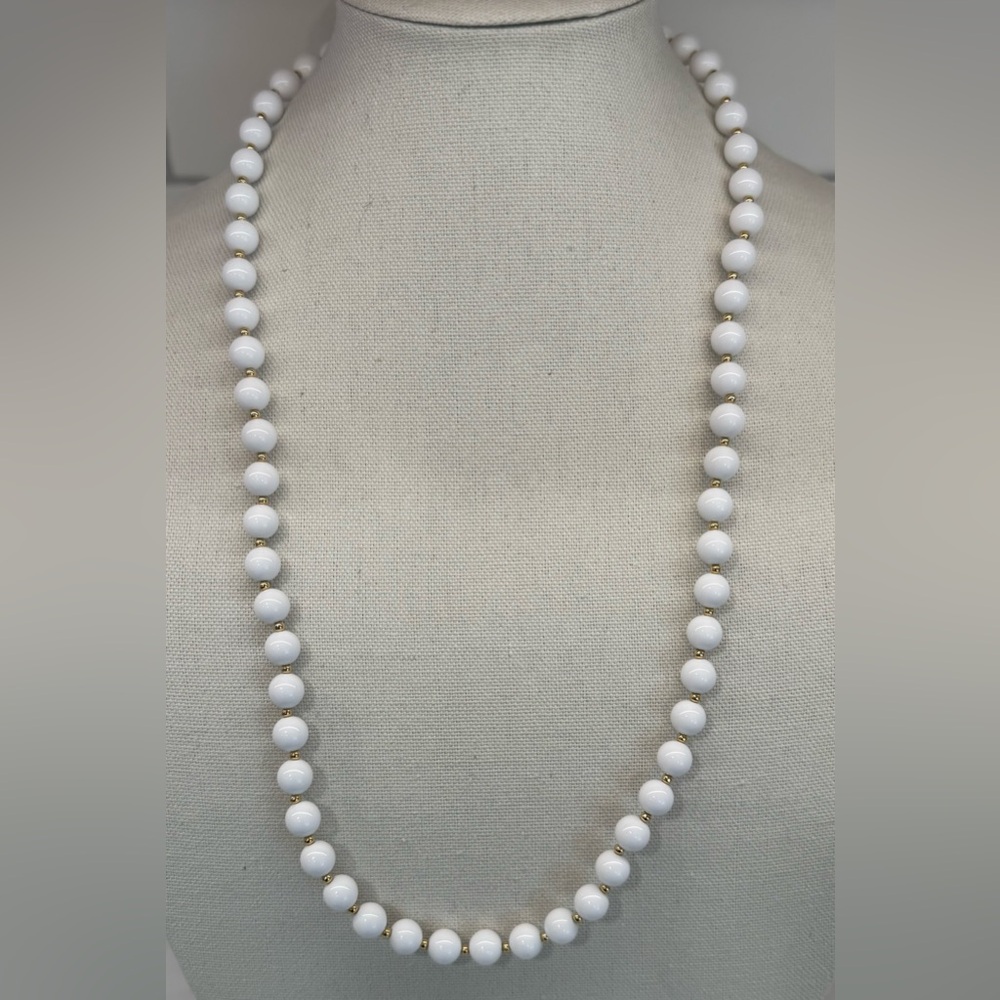 ✨ Vintage Monet White Beaded Necklace 29” with Gold Tone Accents 🤍